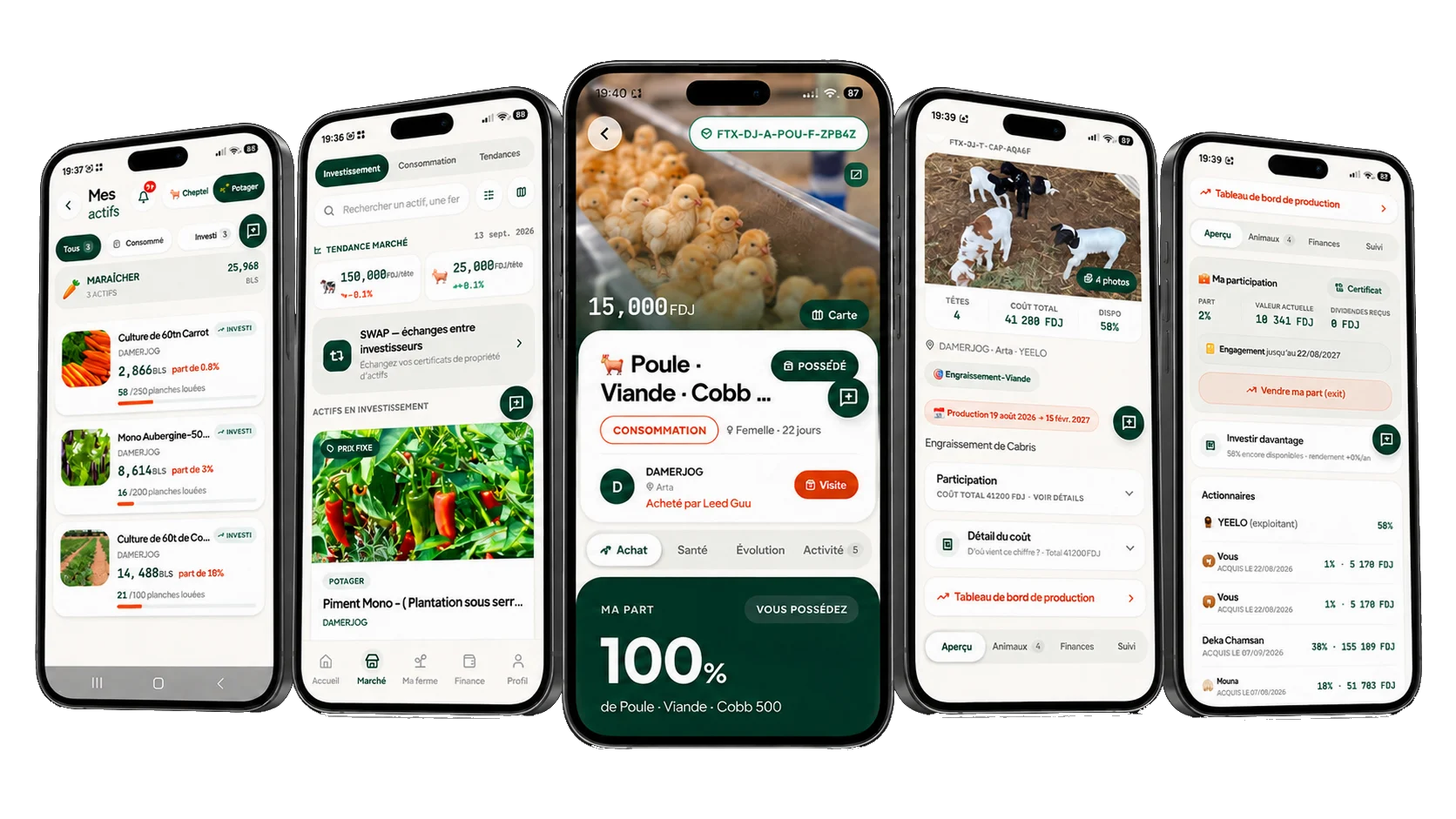 Cinq écrans de l'application FarmShare : mes actifs, marché, fiche animal, troupeau et participation