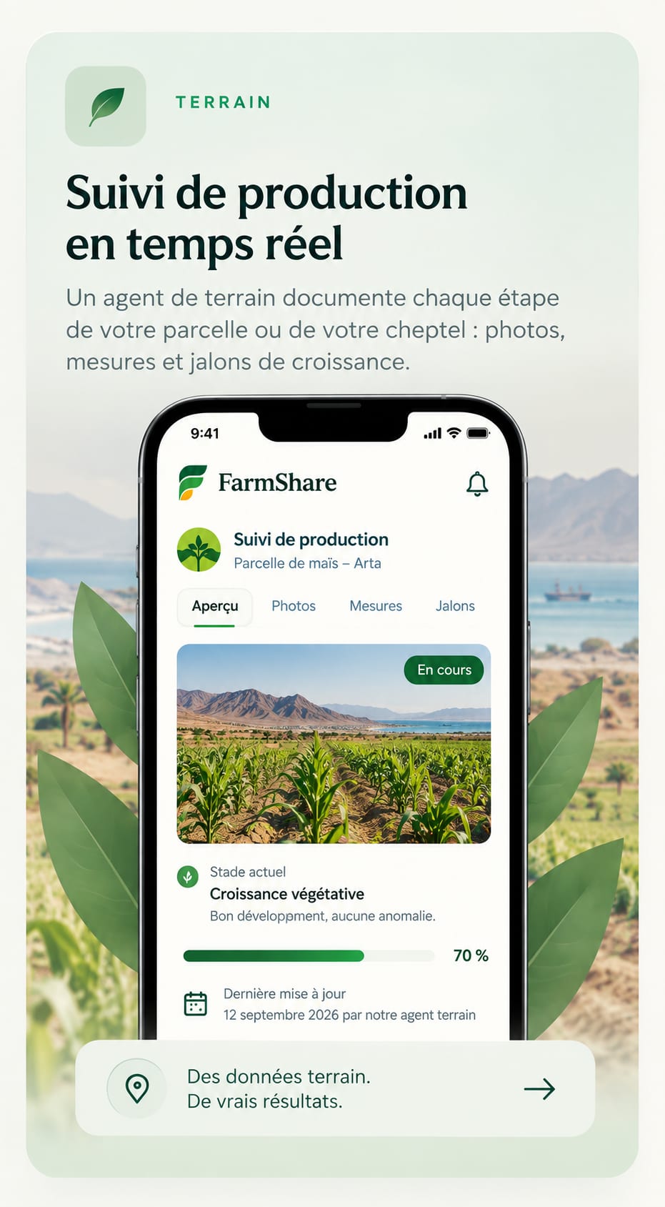 Suivi de production en temps réel : un agent de terrain documente chaque étape de votre parcelle ou de votre cheptel